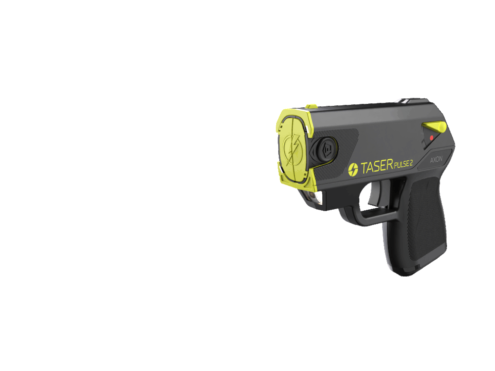 Animated TASER Pulse 2 firing sequence showing front-facing view with cartridge deployment and electric arc effect.