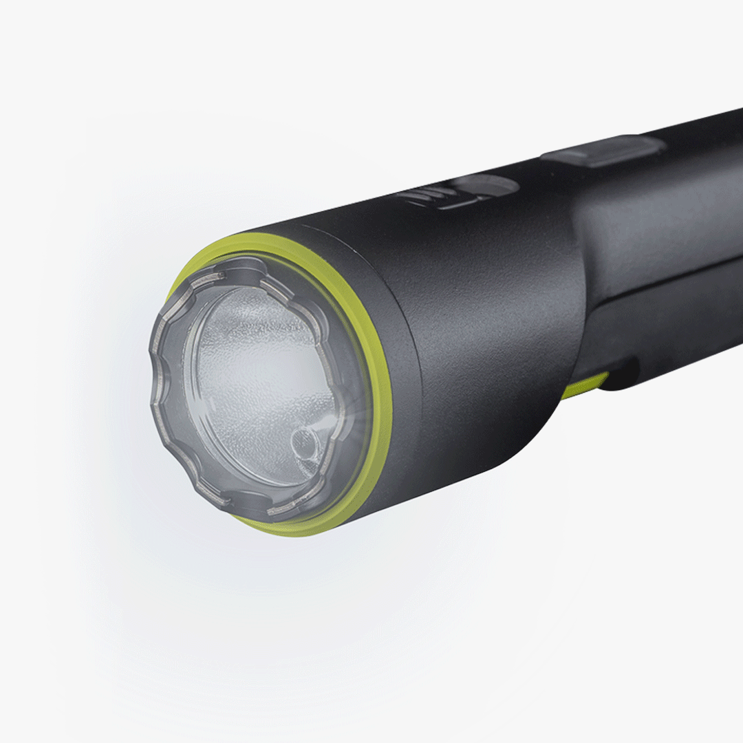 TASER StrikeLight 2 flashlight with rotating LED colors, showing multi-mode illumination and tactical safety design.