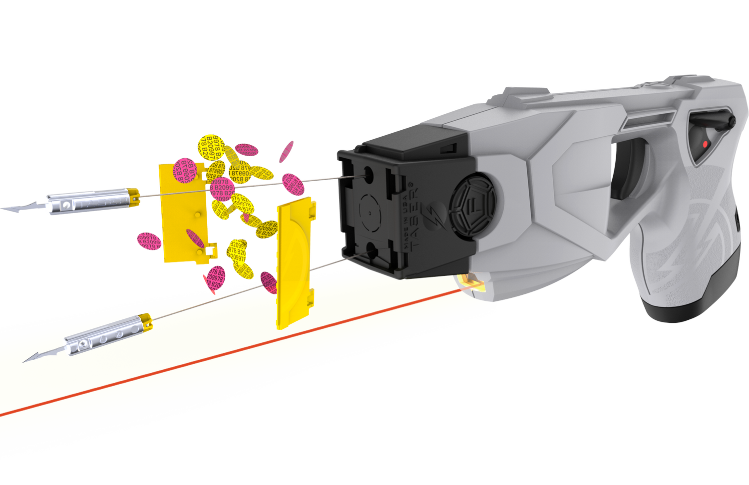 TASER X1 firing, showing probe deployment, AFID confetti burst, and laser aim for Safe Escape use.